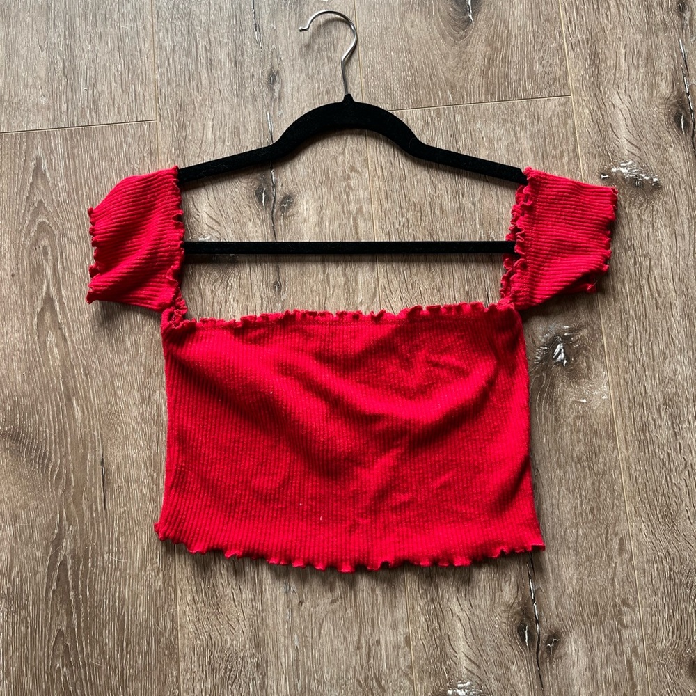 Red cropped off the shoulder top